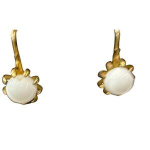 Vintage Gold-Tone Clip-On Earrings w White Glass Cabochon Prong Set Round Stones